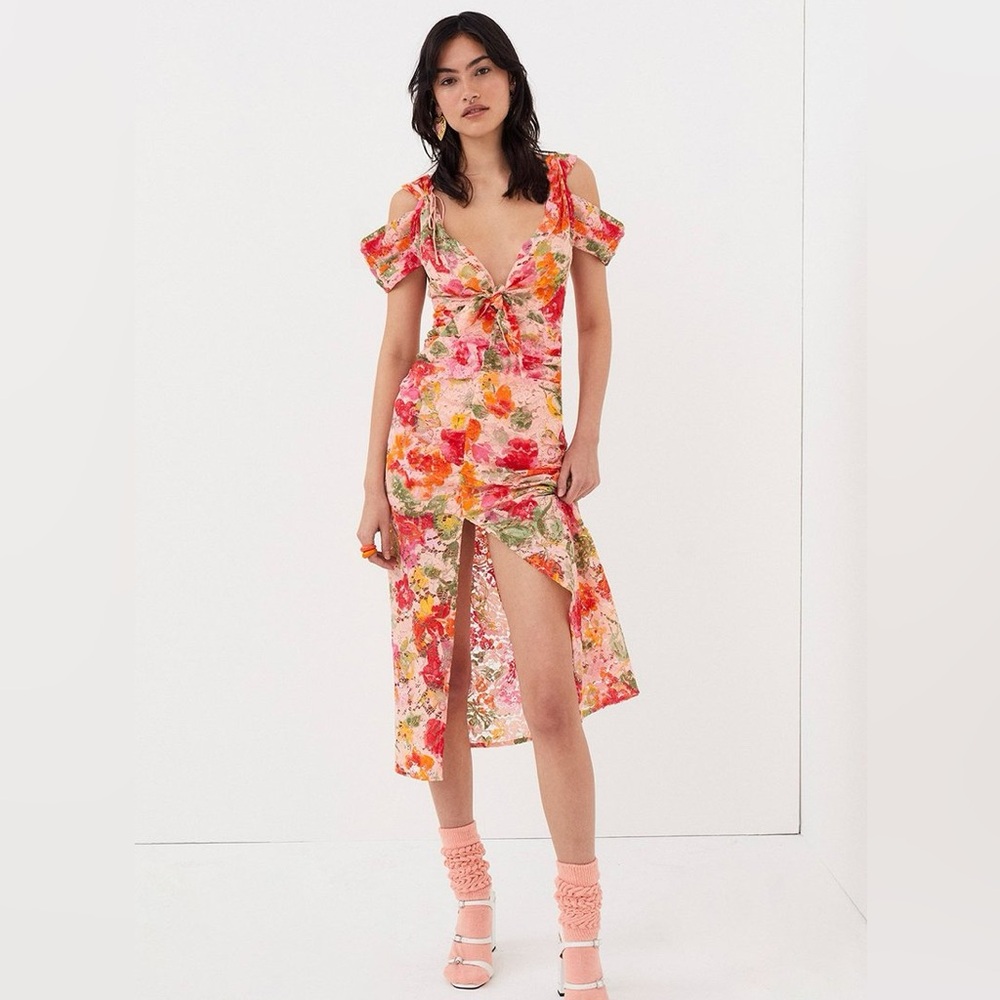 For Love And Lemons Vibrant Floral Midi Dress - Pink and Red
